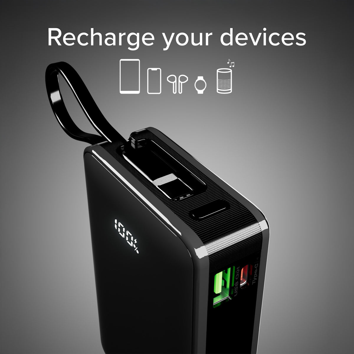 Batería externa de 20.000 mAh con cable USB-C integrado, 1 USB-C Power Delivery de 20 W y USB-A de carga rápida de 22,5 W