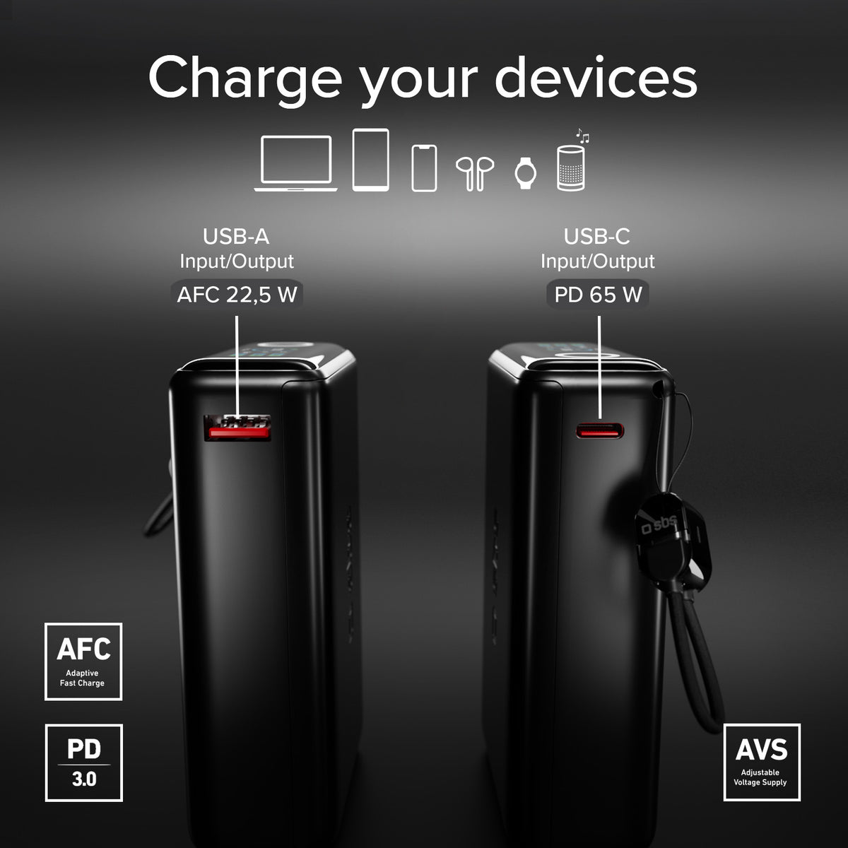 20000mAh Power Bank with integrated cable and TFT display